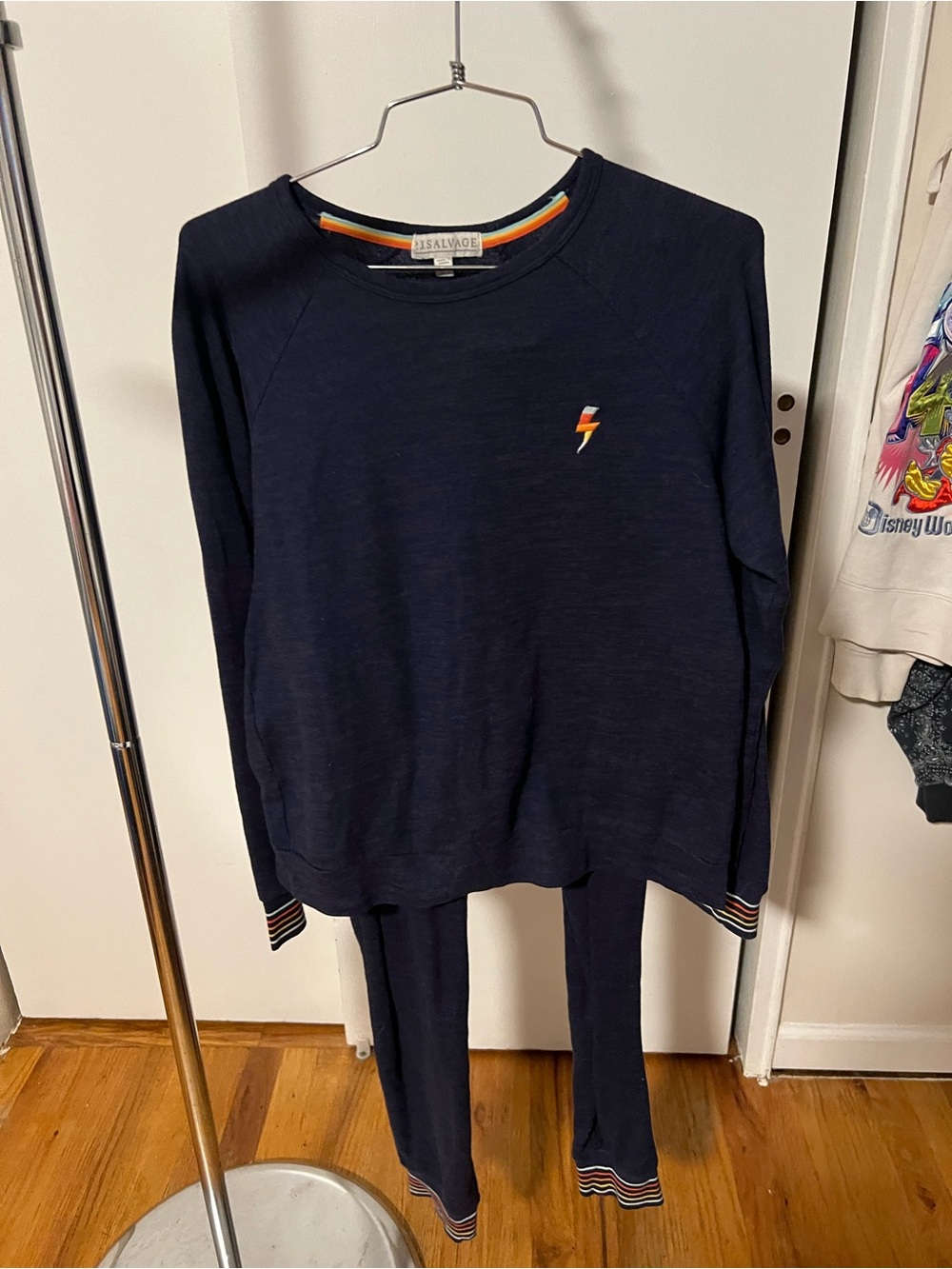 P.J. Salvage Navy Long-Sleeve Top with Lightning Bolt Accent and pants set